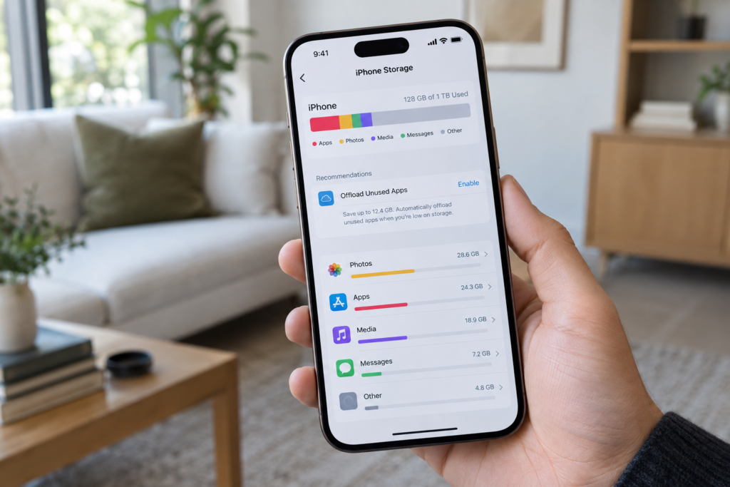 iPhone 15 Pro Max на екрані показує налаштування пам’яті