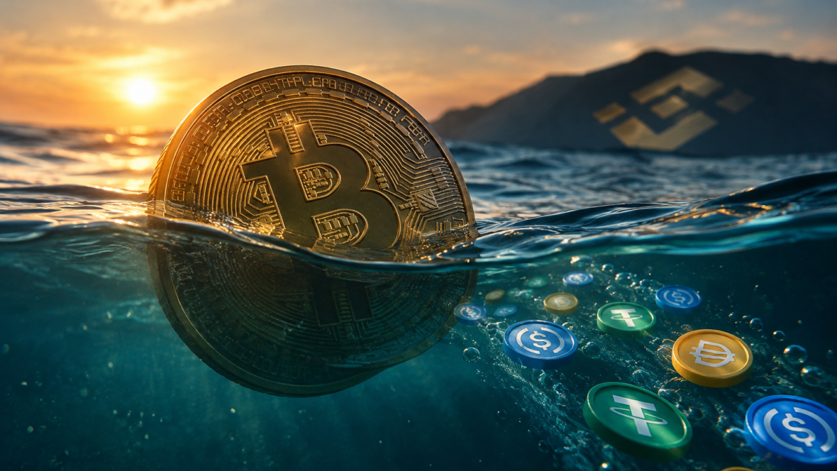 Біткоїн біля логотипу Binance і потік стейблкоїнів українською