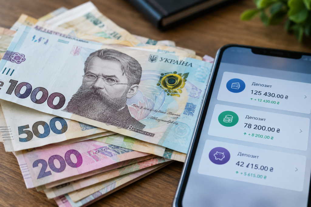 Купюри гривні поруч зі смартфоном що показує баланс депозиту