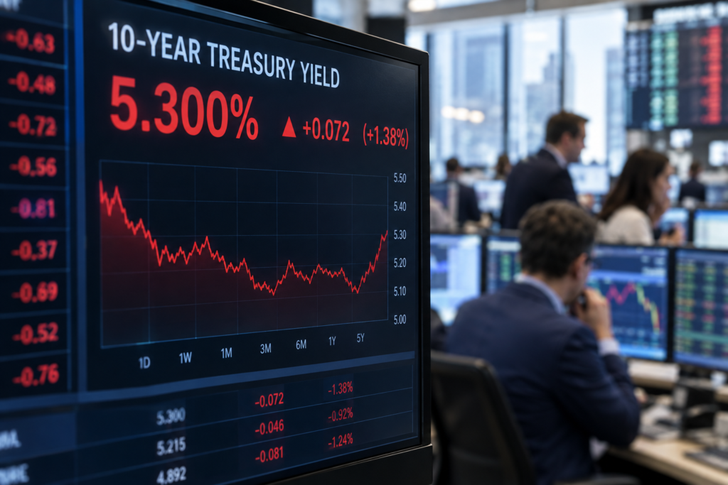 Торговий екран із дохідністю 10-річних Treasuries близько 5,3% на фоні трейдерів