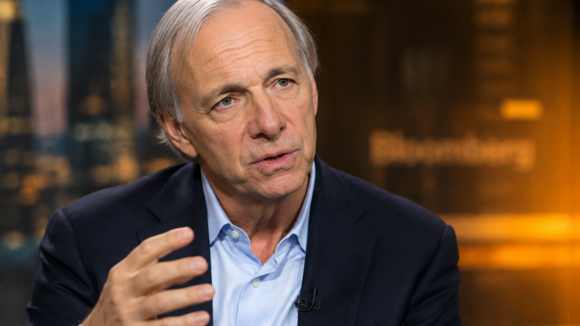Рей Даліо під час інтерв'ю в студії на фоні логотипу Bloomberg