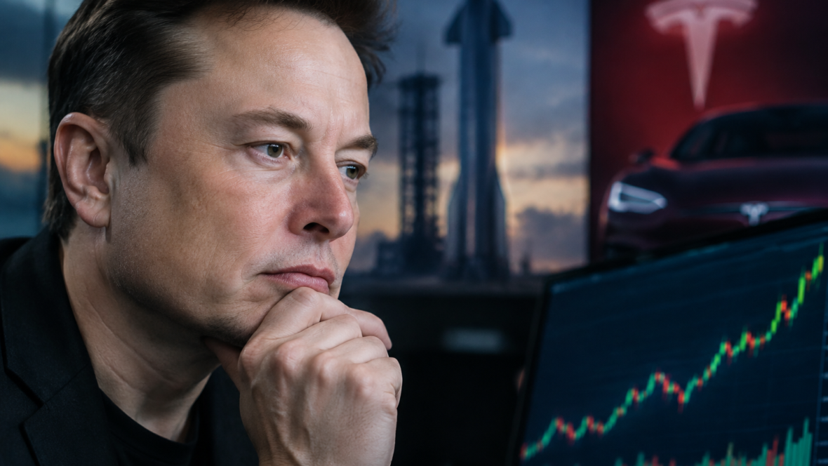 Портрет Ілона Маска на тлі графіків з логотипами SpaceX і Tesla