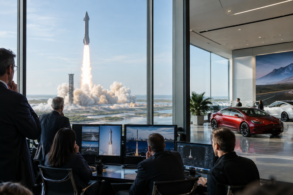 Пуск Starship на тлі екранів інвесторів і автомобілі Tesla в салоні