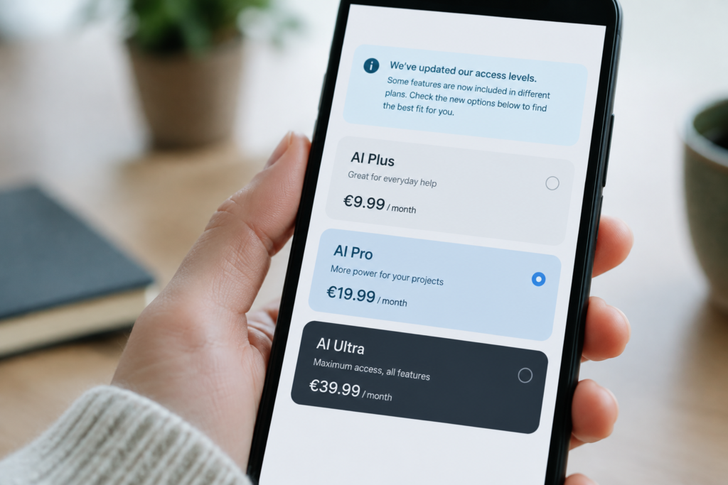 Екран смартфона з варіантами підписки AI Plus, AI Pro, AI Ultra і цінами