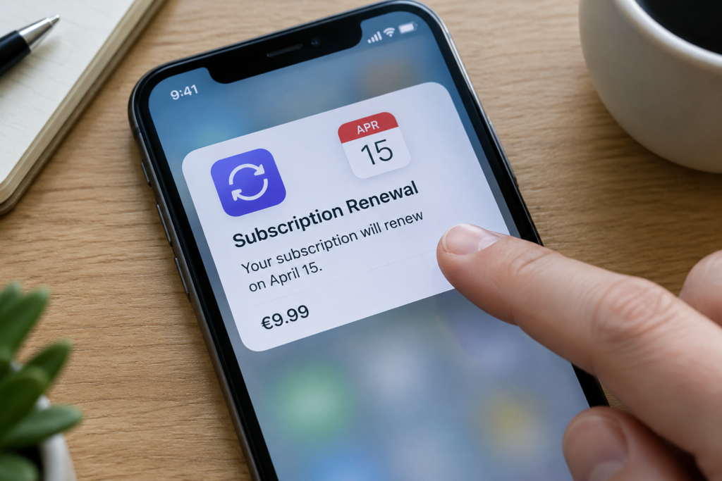 Палець натискає повідомлення про поновлення підписки на екрані iPhone з символами євро
