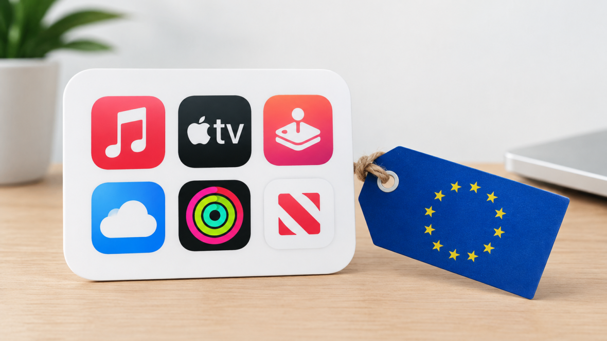 Ілюстрація іконок Apple One і цінника з мотивом прапора Європи