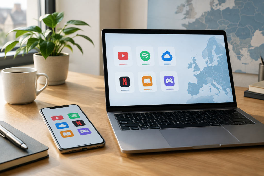 Робочий стіл з iPhone та MacBook на тлі карти Європи