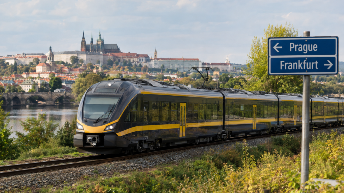 Потяг Leo Express на фоні європейського пейзажу українською мовою