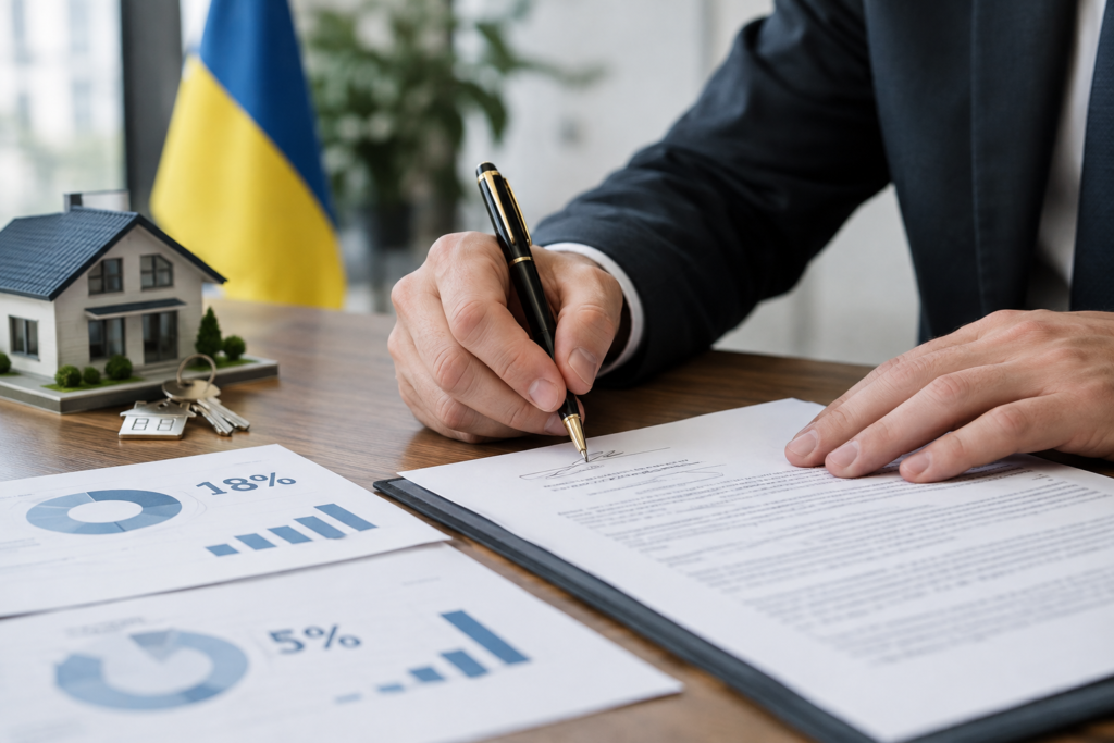 Підпис договору купівлі продажу з відсотками 18% і 5% на документах