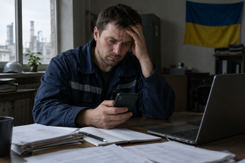 Працівник критичного підприємства перевіряє повідомлення на телефоні, документи та ноутбук на столі
