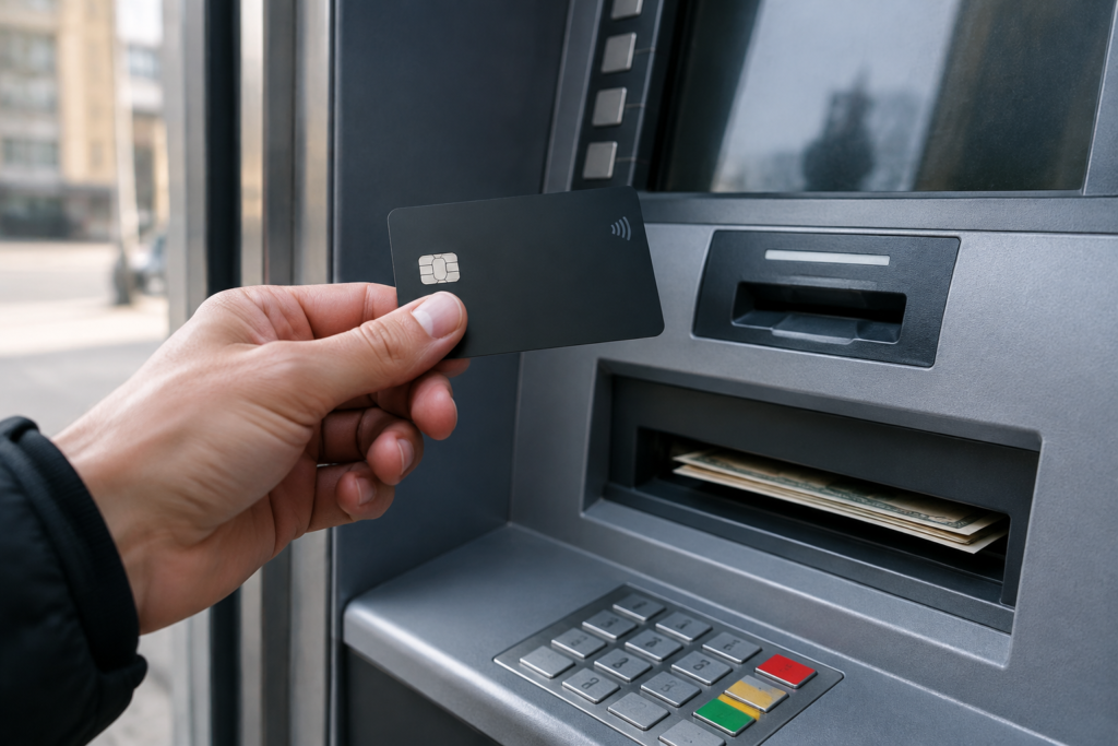 Рука тримає картку monobank біля банкомату на тлі банківського інтер'єру