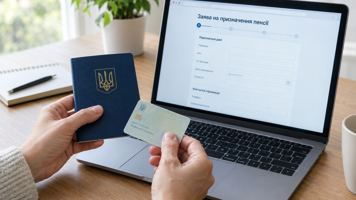 паспор і РНОКПП поруч з ноутбуком на сторінці заяви Пенсійного фонду