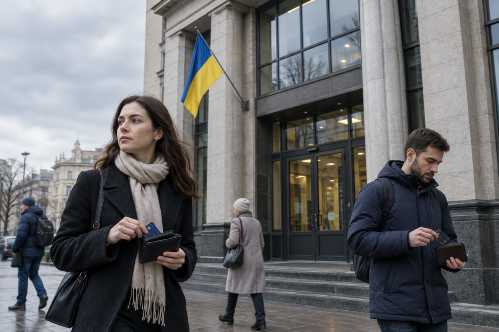 фасад банку з українським прапором, люди з гаманцями та картками
