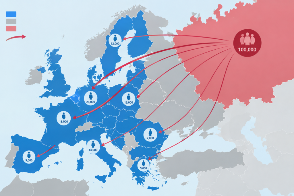 Карта Європи з потоками міграції з росії та виділеними даними українською