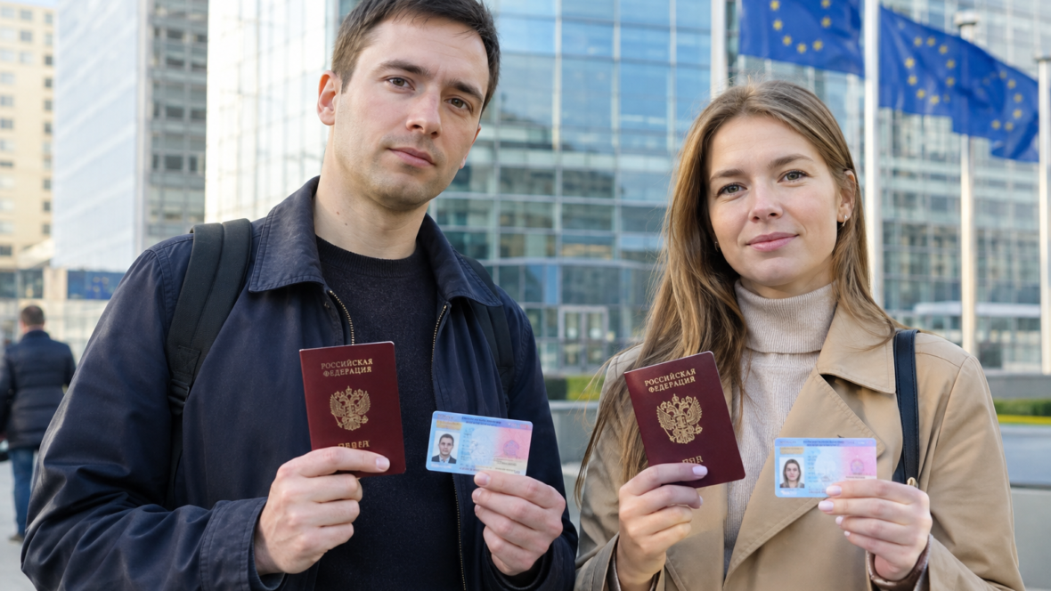 Люди з російськими паспортами та дозволами на проживання біля європейської установи українською