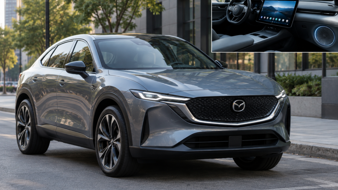 Електрокросовер Mazda CX-6e з видимим зовнішнім динаміком і великим сенсорним екраном