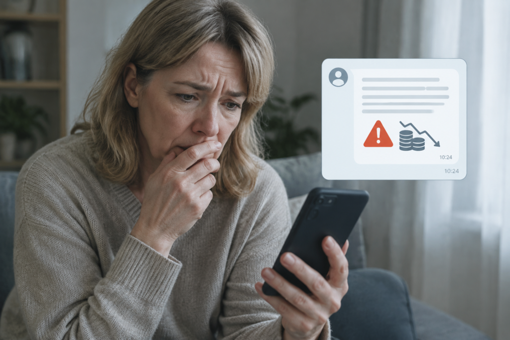 Людина дивиться на смартфон з фальшивим повідомленням у Telegram про втрату виплат