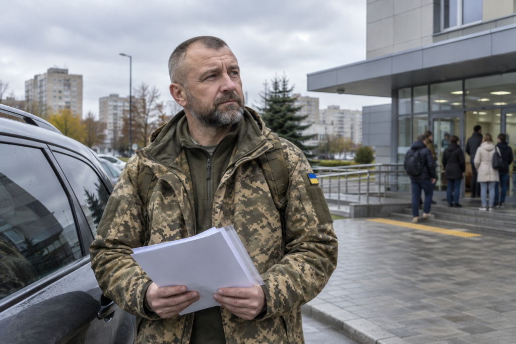 ветеран біля автомобіля з документами біля державного центру