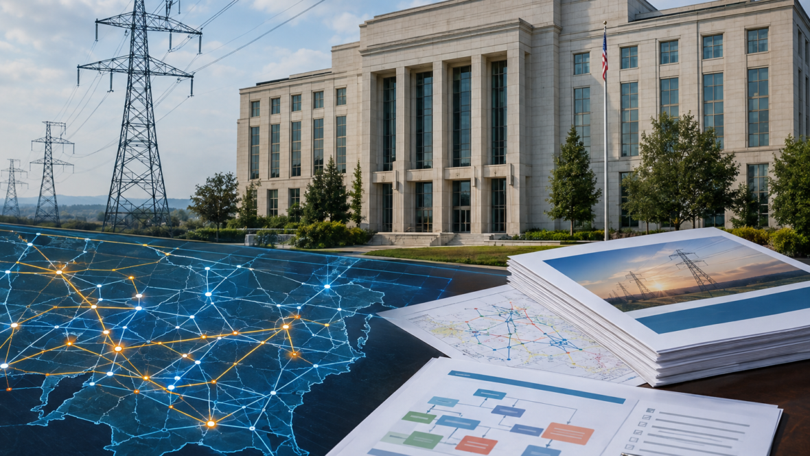 Будівля Міністерства енергетики з накладеним планом енергомережі та документами