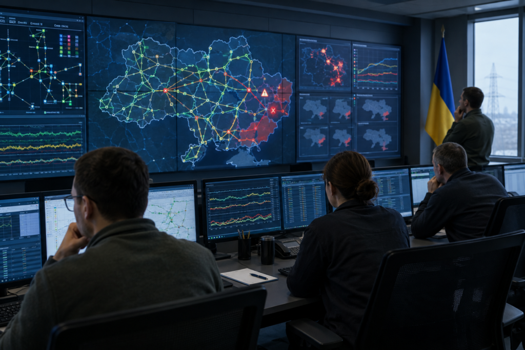 Диспетчерська оператора передачі електроенергії з інженерами та екранами сценаріїв криз