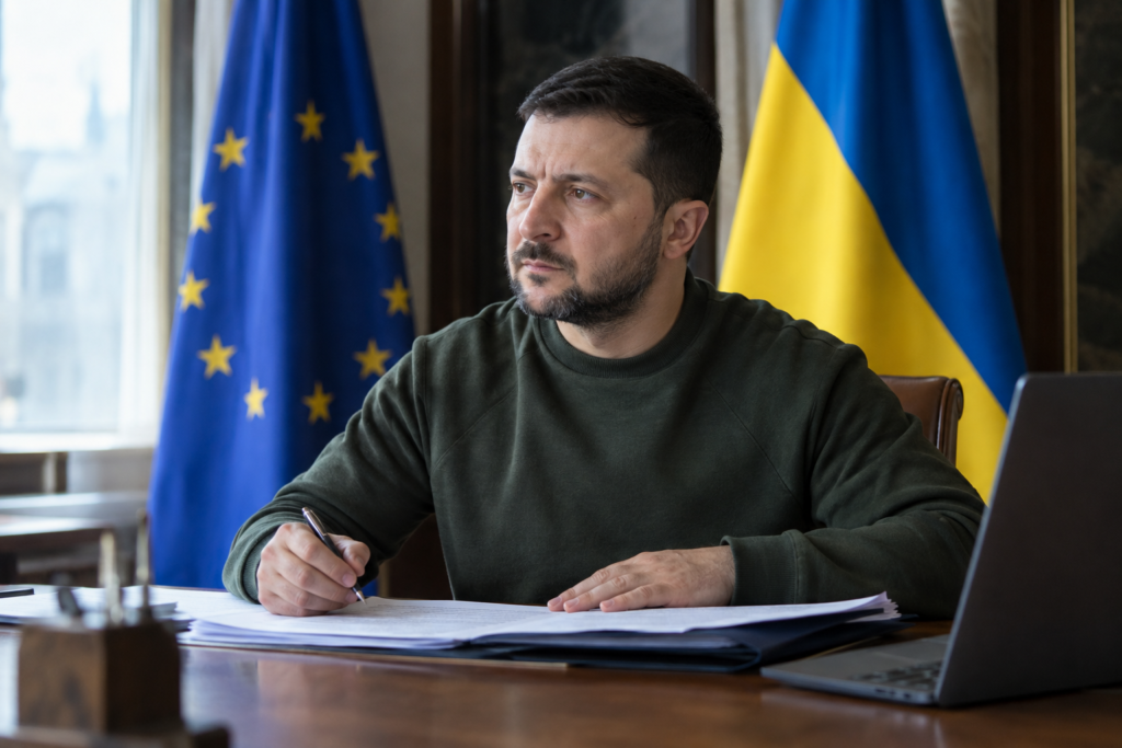Український урядовець на тлі прапорів ЄС і України, документи на столі