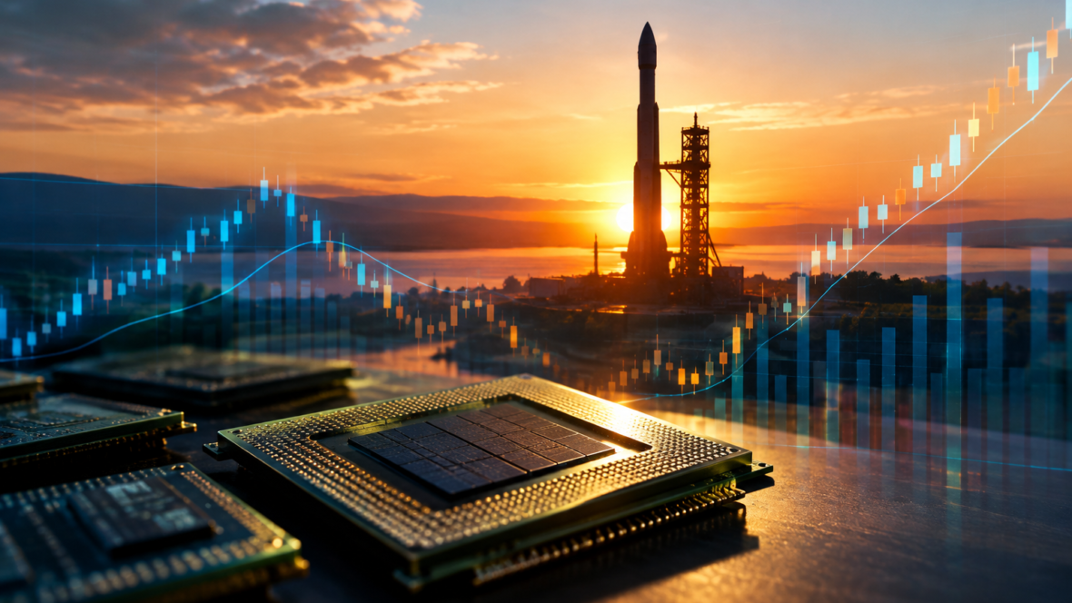 Rocket against an eastern sunrise and AI chips in the foreground with financial charts