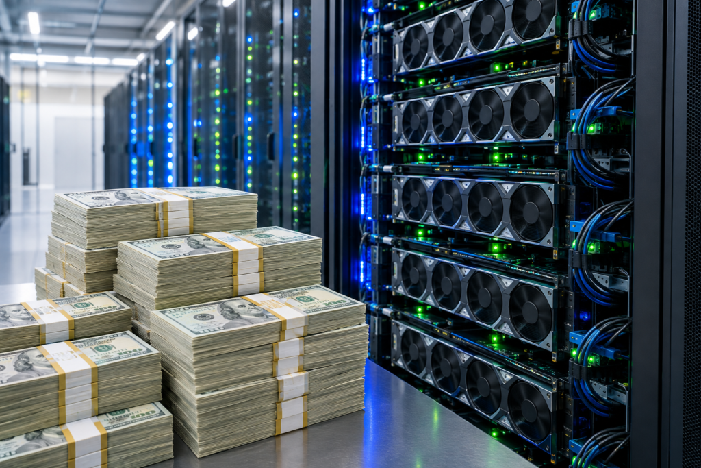 Dollars next to a server rack and GPU, symbolizing chip financing
