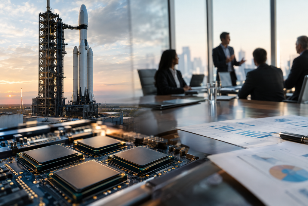 Rocket and high-performance AI chips next to financing documents