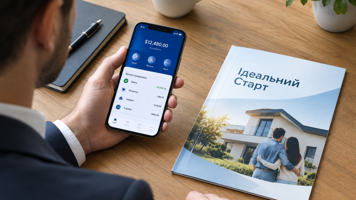 підприємець тримає смартфон із банківським застосунком поруч із буклетом Ідеальний Старт