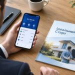 підприємець тримає смартфон із банківським застосунком поруч із буклетом Ідеальний Старт