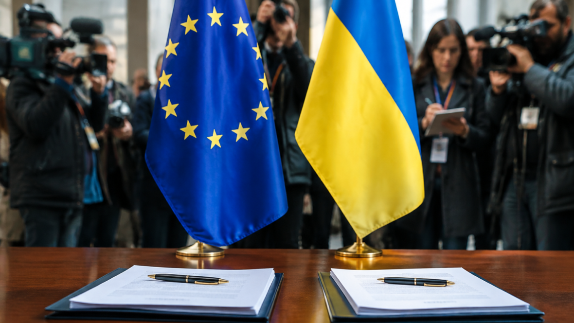 Прапори ЄС і України поруч з документами переговорів