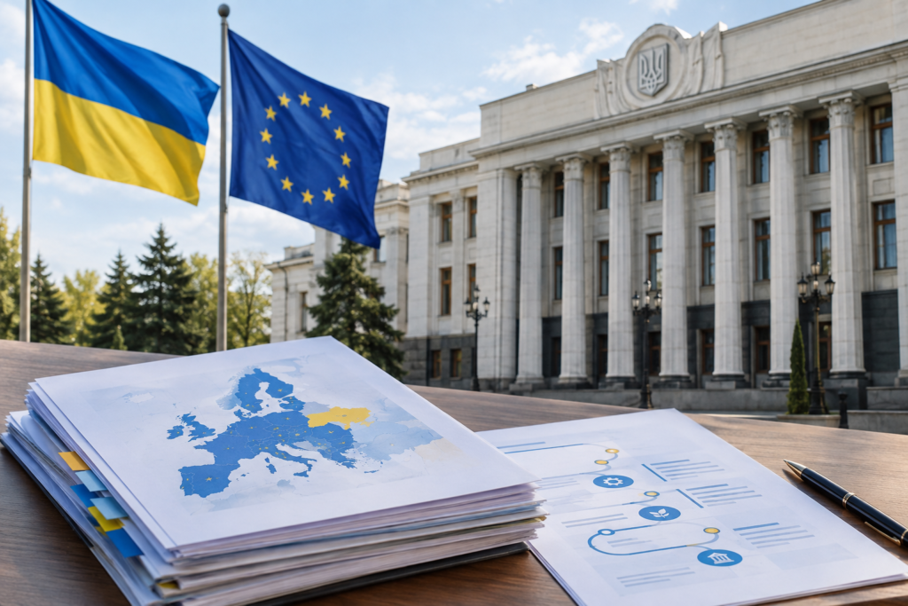 Українська будівля на тлі прапорів ЄС і документів дорожньої карти