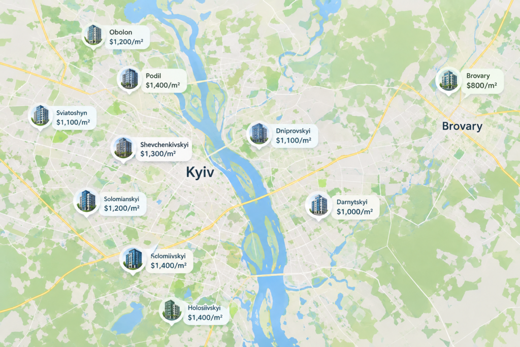 Карта Києва і передмістя з позначками цін на оренду українською