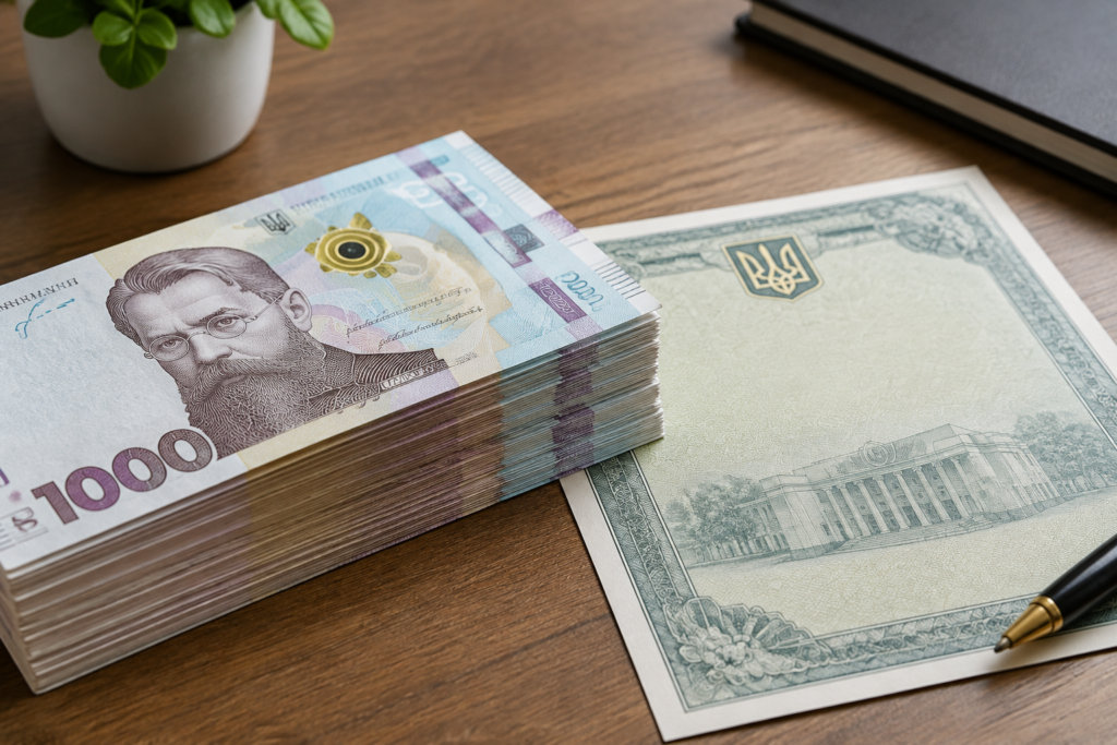 Пачка гривень поруч із документом про ОВДП на столі