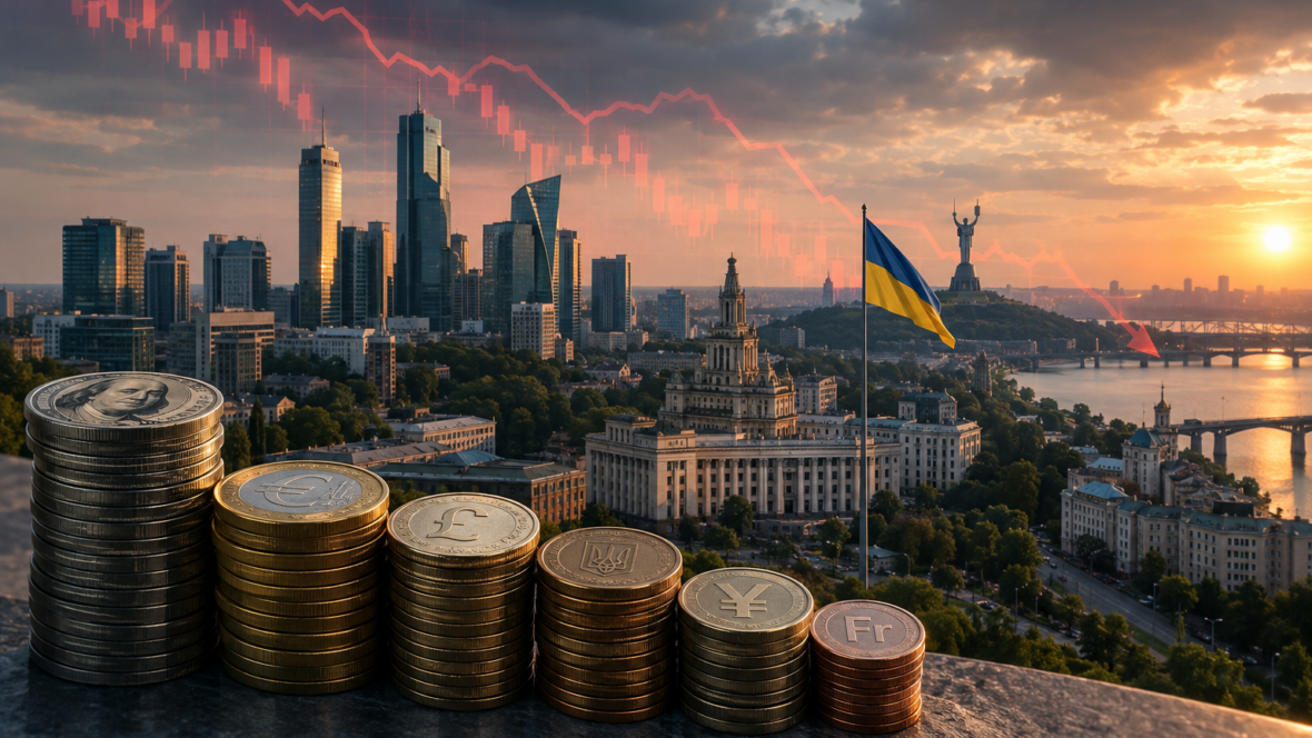 Фінансовий район України з купюрами різних валют і графіком зниження резервів