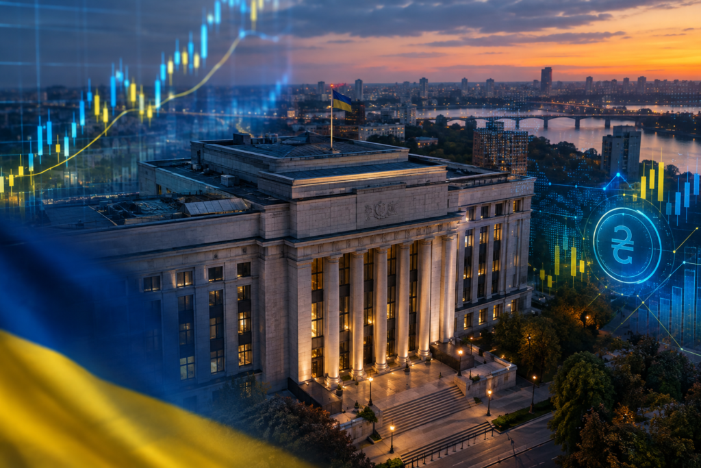 Будівля Національного банку України ввечері з накладеними графіками валют