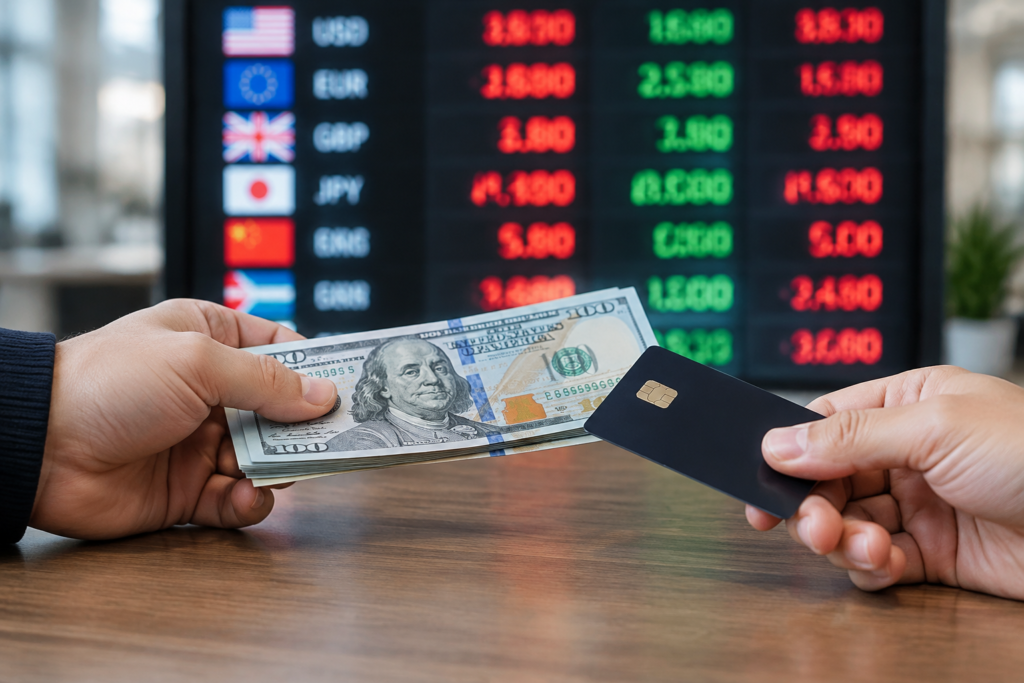 Обмін готівки і платіжна картка на тлі табло з курсами валют