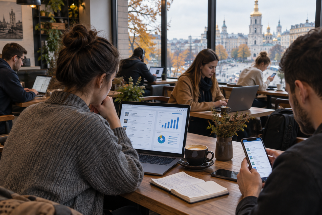 Люди шукають роботу в місті, ноутбуки та смартфони