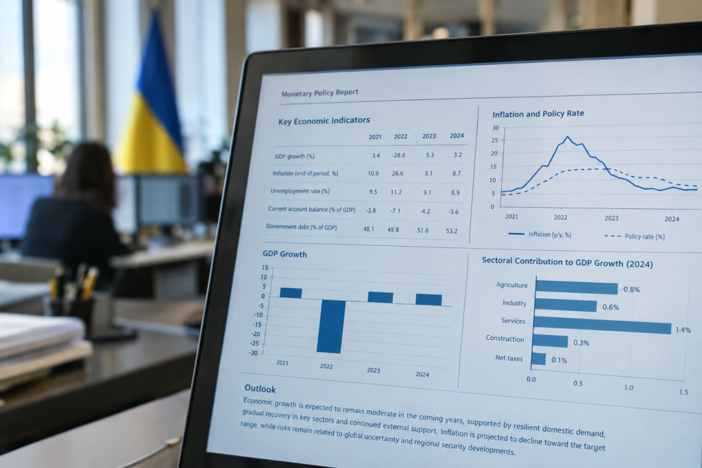 Екран з офіційним звітом НБУ і розмитим прапором України на задньому плані
