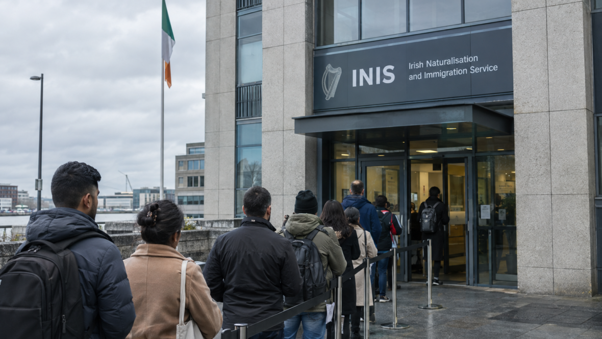 Фасад імміграційної служби Ірландії INIS з людьми біля входу