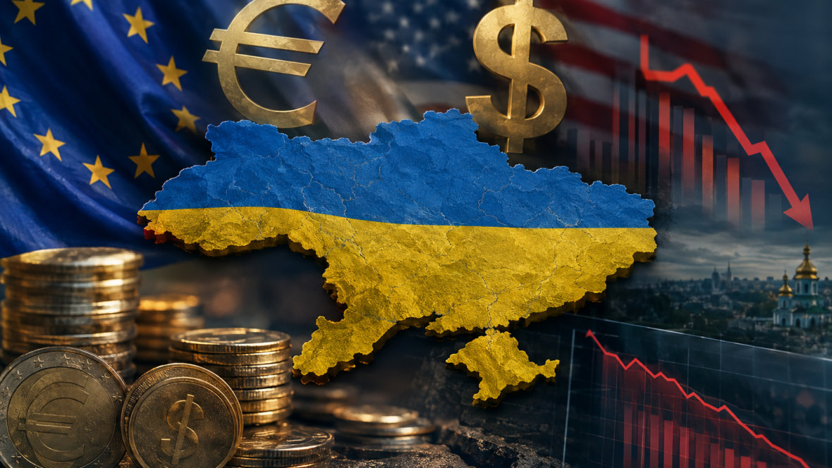 Ілюстрація з картою України, валютними символами і графіком резервів