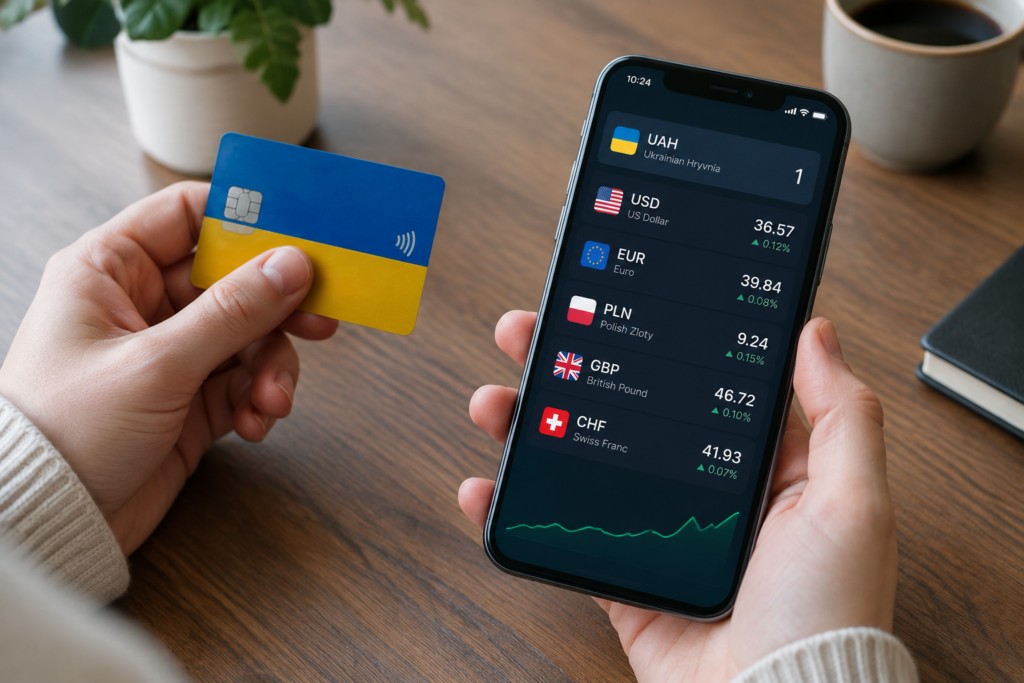 Руки з банківською карткою та смартфоном зі ставками обміну валюти