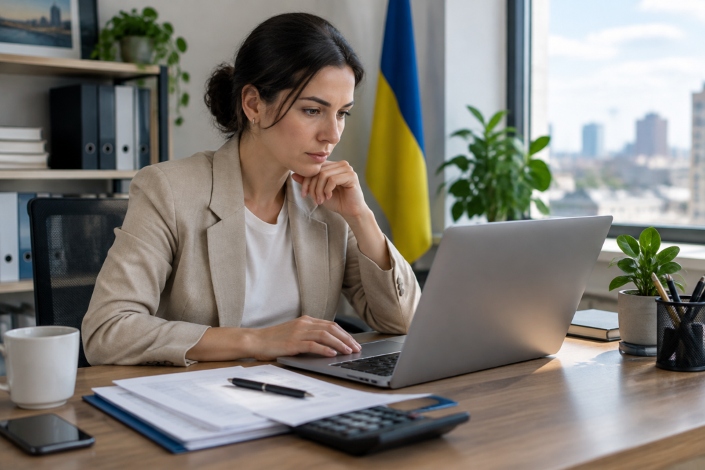 Підприємець за столом переглядає електронні податкові документи