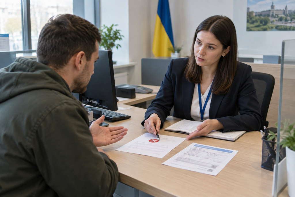 клієнт і касир у банку обговорюють відмову в платежі