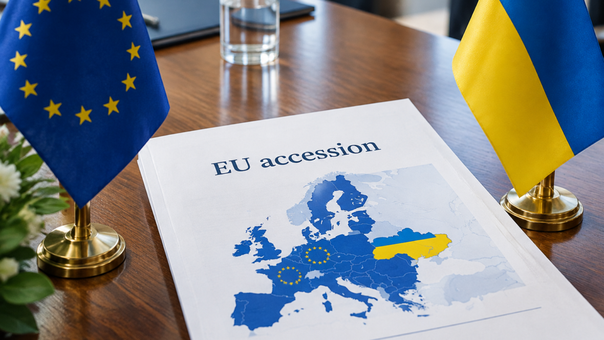 документ дорожньої карти ЄС поруч з прапорами ЄС та України українською