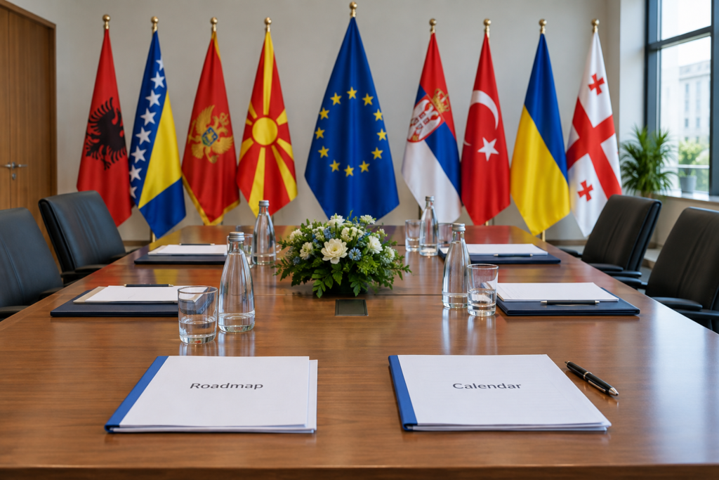 стіл з прапорами ЄС і країн кандидатів, документи дорожня карта і календар українською