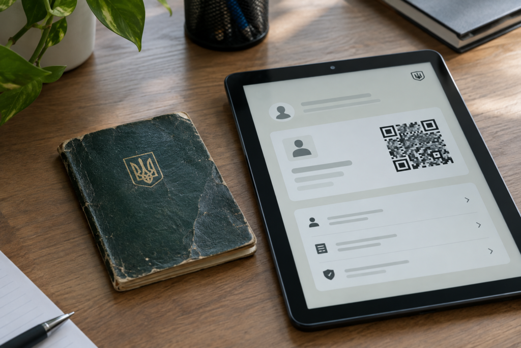Приписне поруч із планшетом, на екрані застосунок «Резерв+» з QR-кодом