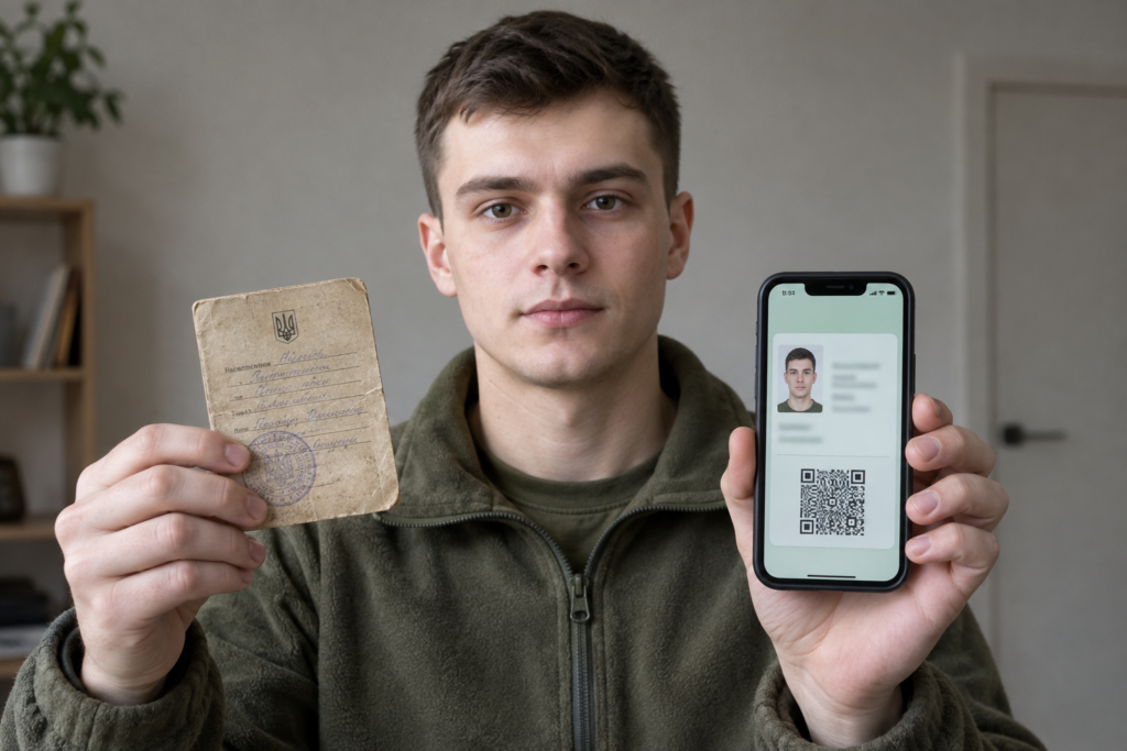 Чоловік тримає старе приписне та смартфон з електронним військово-обліковим документом