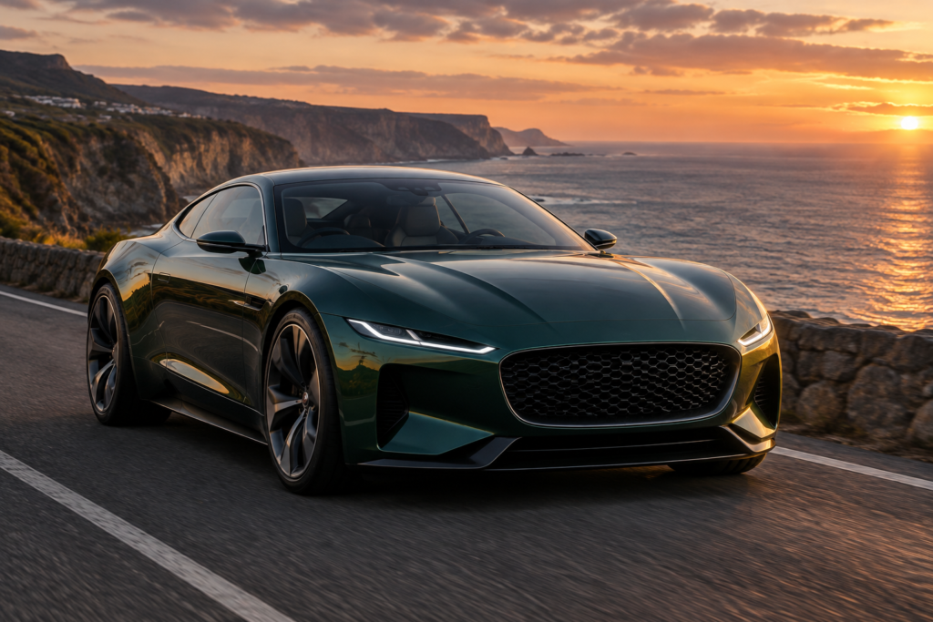 Jaguar Type 01 спереду, три чверті, на прибережній дорозі