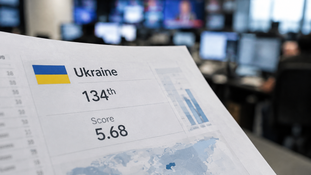 Крупний план сторінки звіту з підписом Україна 134 місце та оцінка 5,68 на фоні редакції